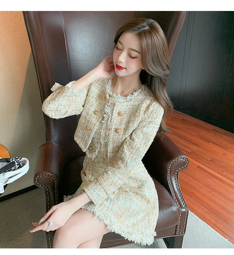 Autumn Small Fragrance Tweed 2 Piece Set Women Elegant Short Jacket Coat Mini Tank Tassel Wool Blend Dress Suits 240708