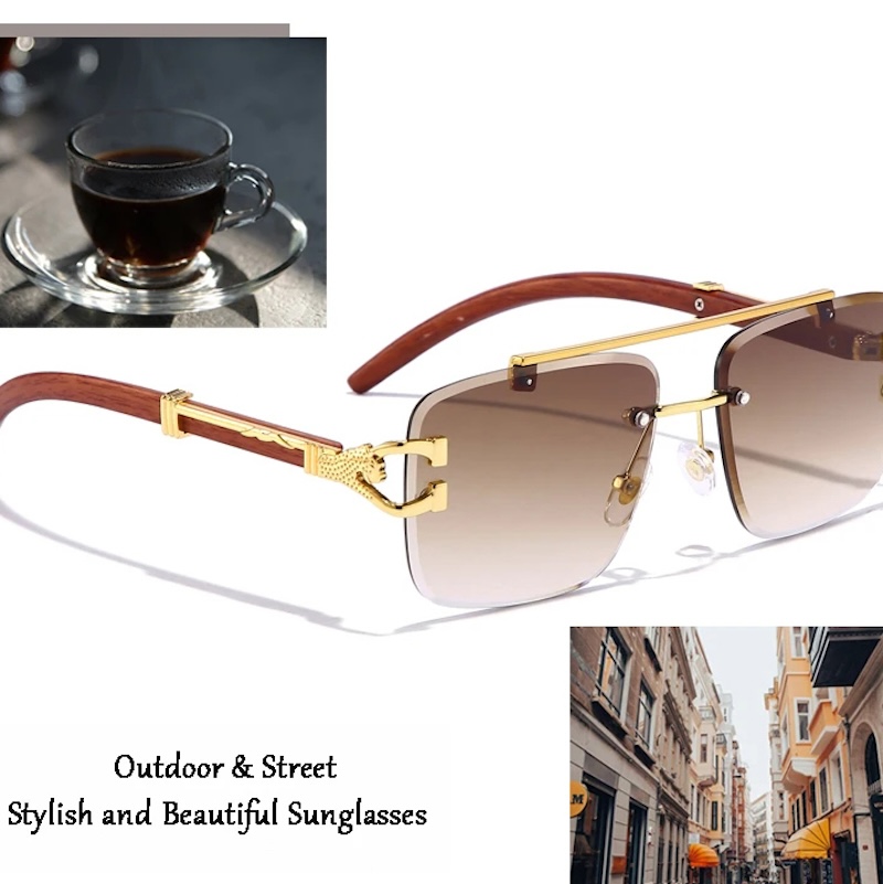 Square Rimless Sunglasses Men Retro Flat Top Double Bridges Metal Frame Men's Sunglasses Luxury Gold Lion Decoration Women Sun Glasses Eyewear S1