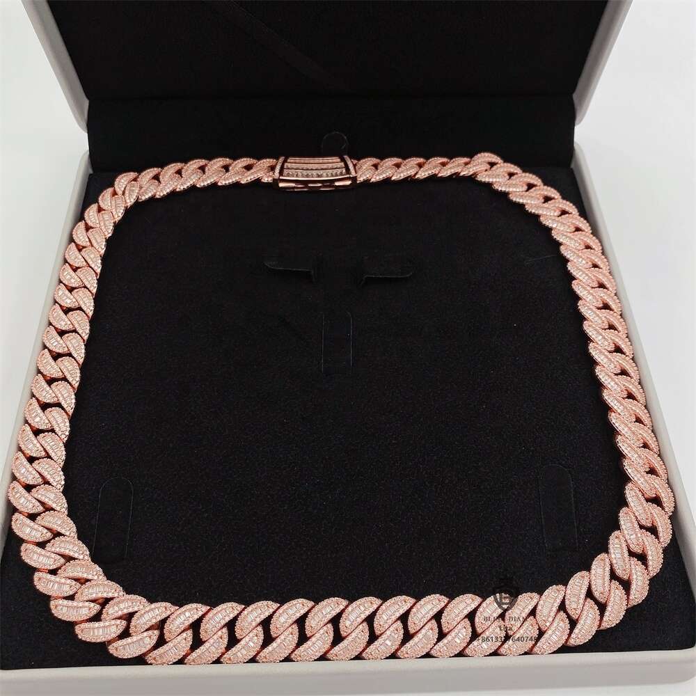 Hip Hop Jewelry Silver 925 Iced Out Moon Shape 15mm Maimi Rectangle Diamond Vvs Necklace for Men Gold Cuban Link Chain