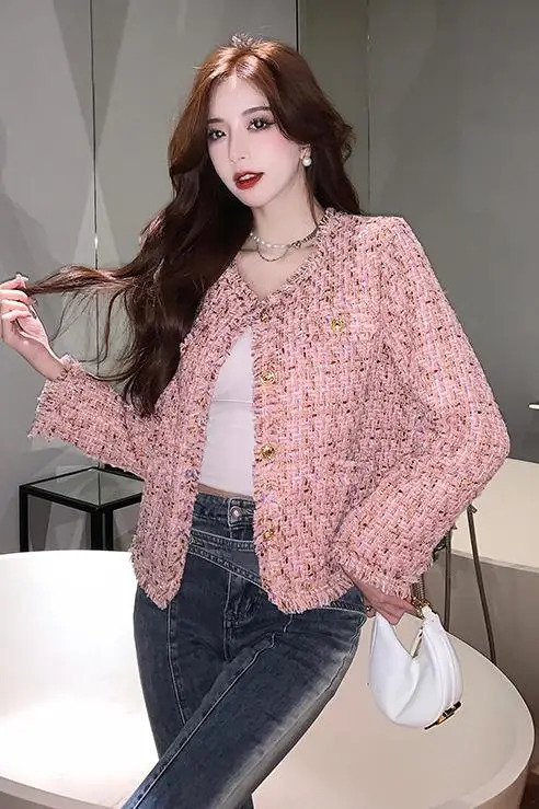 Autumn Winter Vintage Pink Tweed Weave Jacket Coat Women Small Fragrance Korean Tassel Woollen Coats Elegant Outerwear 240704