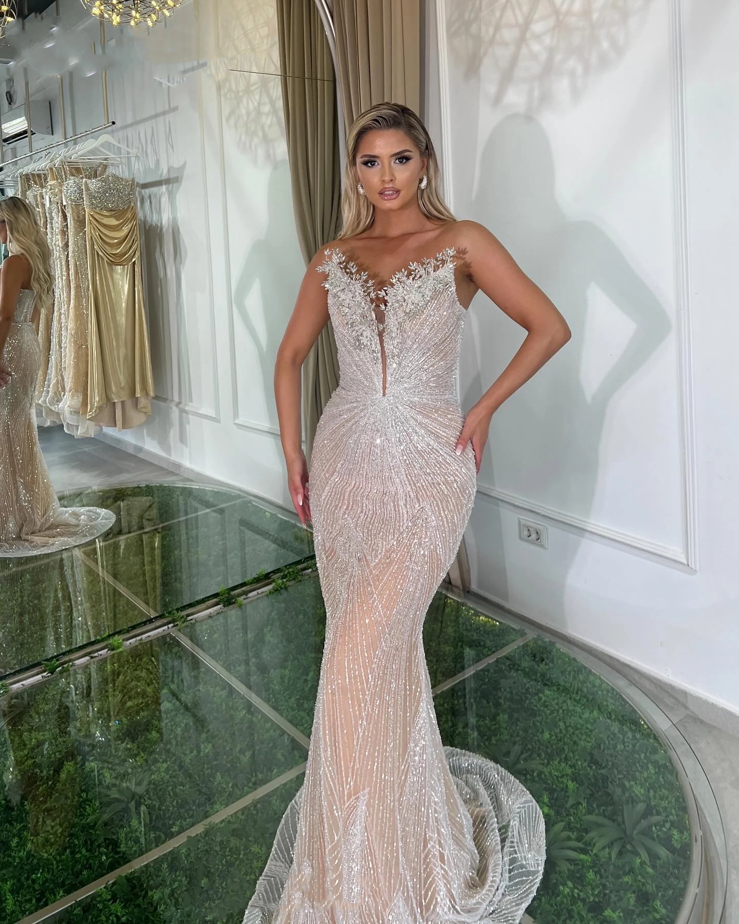 Sequins Mermaid Elegant Prom Dresses Crystal Evening Gowns Illusion Lace Up Strapless Party Dress Sleeveless Vestidos De Noche 6660306