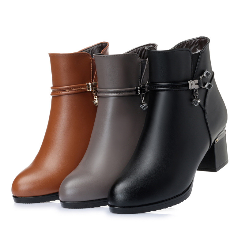 Women boots women genuine leather boots Genuine Leather high heeled ankle boots thick wool winter snow boots free shipping