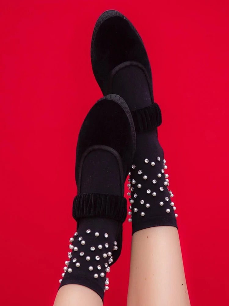 Elastic Velvet Mary Jane Ballet Flat Shoes Womens 2024 Trend Solid Color Fabric Canvas Shoes Womens Elegant Shoes Black 240704