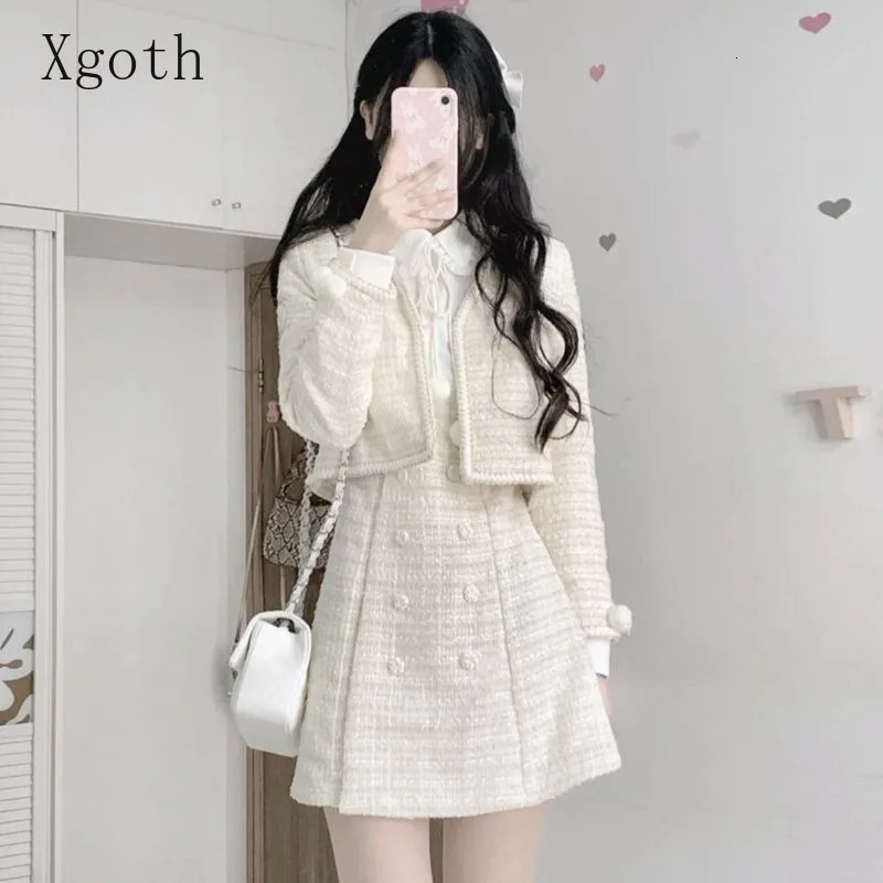 Ladies Dresses Set V-Neck Tweed CoatWaist Retraction White Shirt Spliced Dress Elegant Sweet Commuting Two-Piece Women Clothing 240708