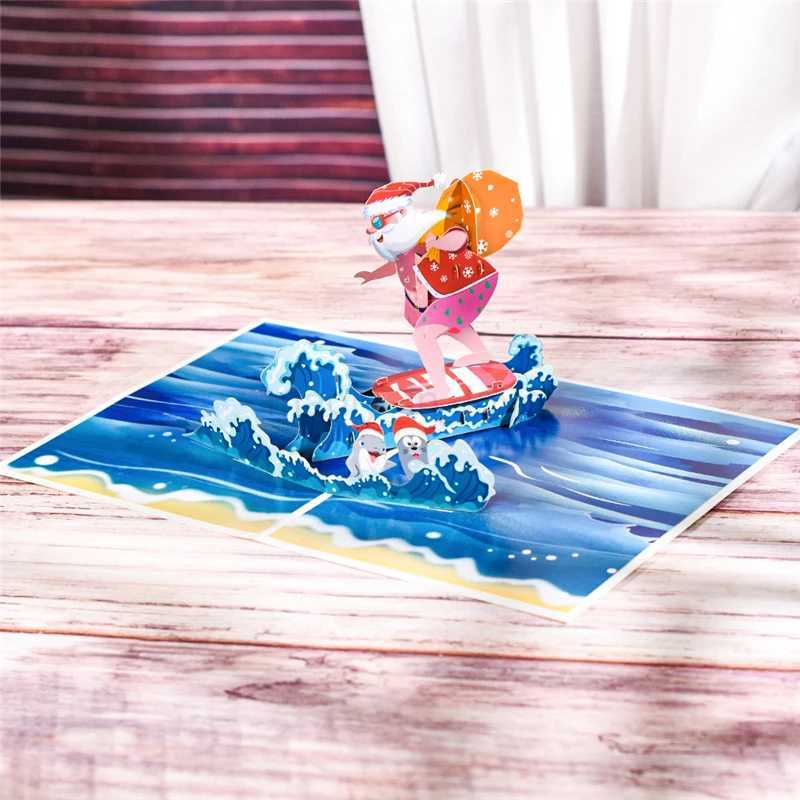 10 Pack Santa Claus Surfing Pop Up Christmas Card 3D Xmas Greeting Cards with Envelope Gift for Holiday Winter New YearM240711