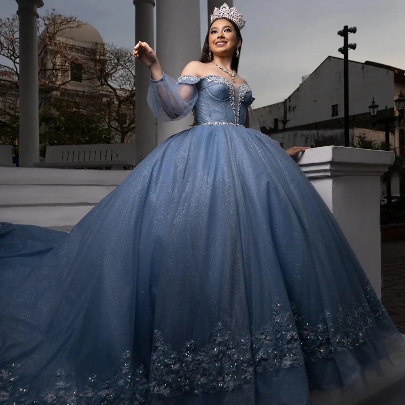 Blue Shiny Off the Shoulder Quinceanera Dresses Ball Gown Appliques Lace Beaded Long Sleeved Mexican Sweet 16 Dresses 15