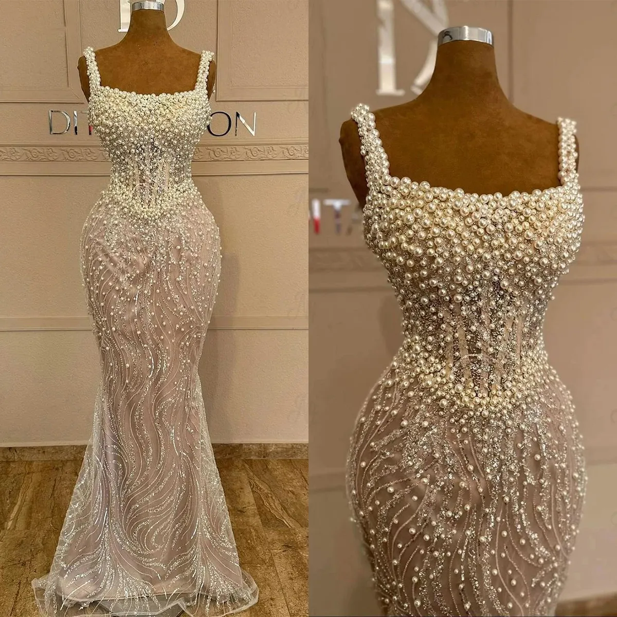 Square Neck Mermaid Wedding Dresses 2025 Sparkg Pearls LaceFormal Sleeveless or Length Trumpet Bridal Gowns