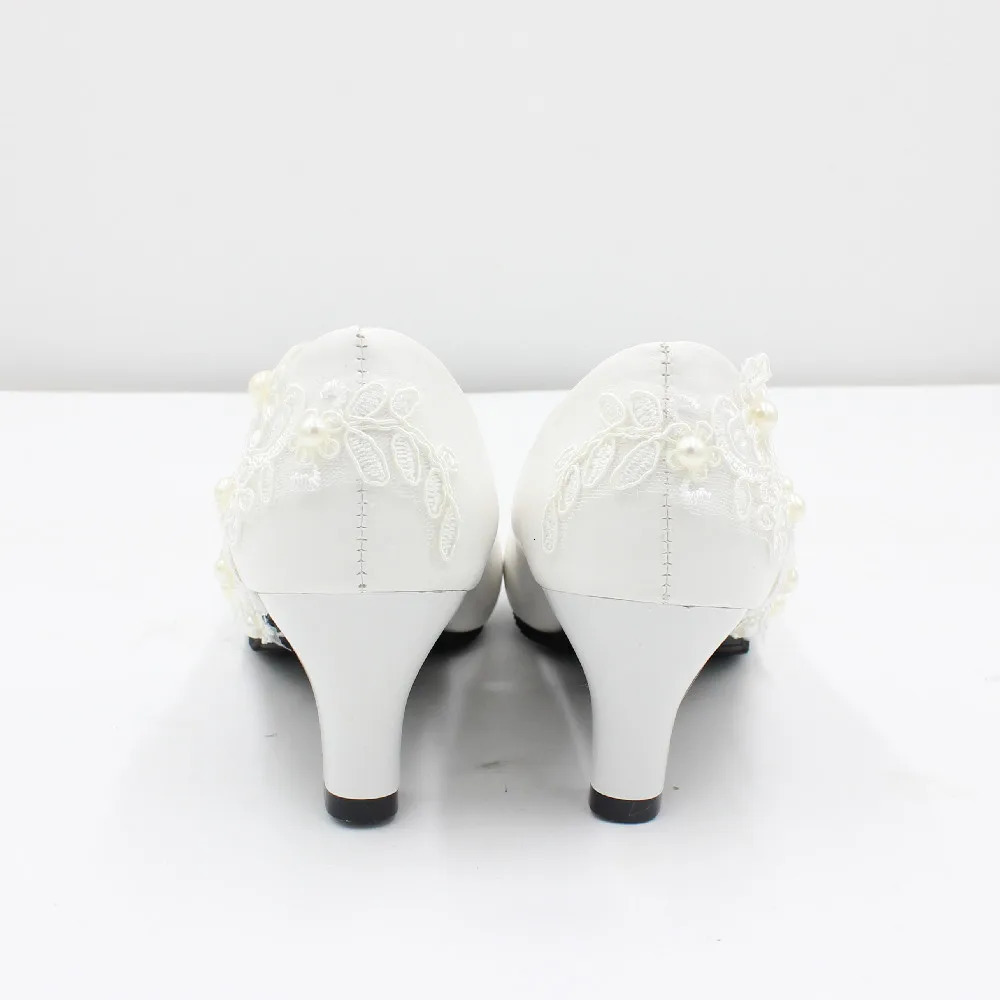 White lace large size womens shoes Bride wedding shoes Low heel bridesmaid shoes round toe high heels BH2203 240708 - view 4