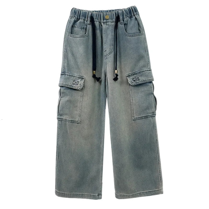 Teen Boys Straight Leg Cargo Jeans Spring/Autumn Kids Wide Leg Denim Long Pants for Children Loose Pockets Trousers 5 14 Yrs 240705