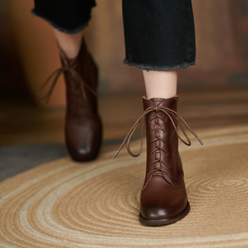 Leather Genuine HOT SALES Autumn for Women Winter Handmade Boots Square Toe Chunky Heel Shoes atos mujer ec93