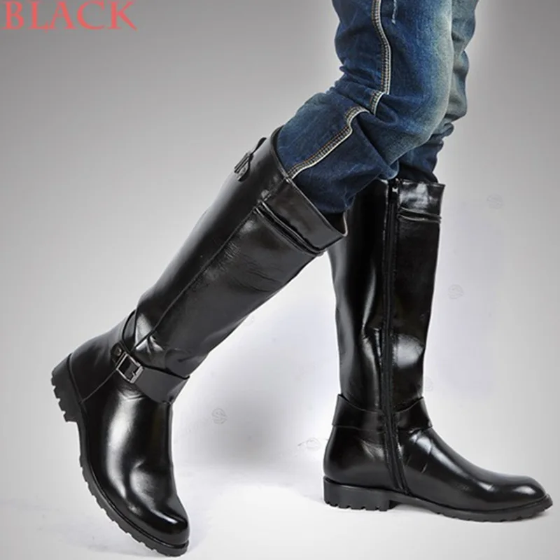 Leather Boots Men British Military Army Motorcycle Riding Equestrian Mens Boots Knee High Casual Zipper Cowboy Western Boots