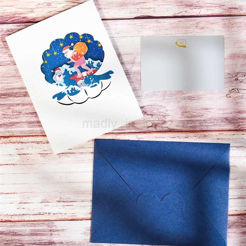 10 Pack Santa Claus Surfing Pop Up Christmas Card 3D Xmas Greeting Cards with Envelope Gift for Holiday Winter New YearM240711