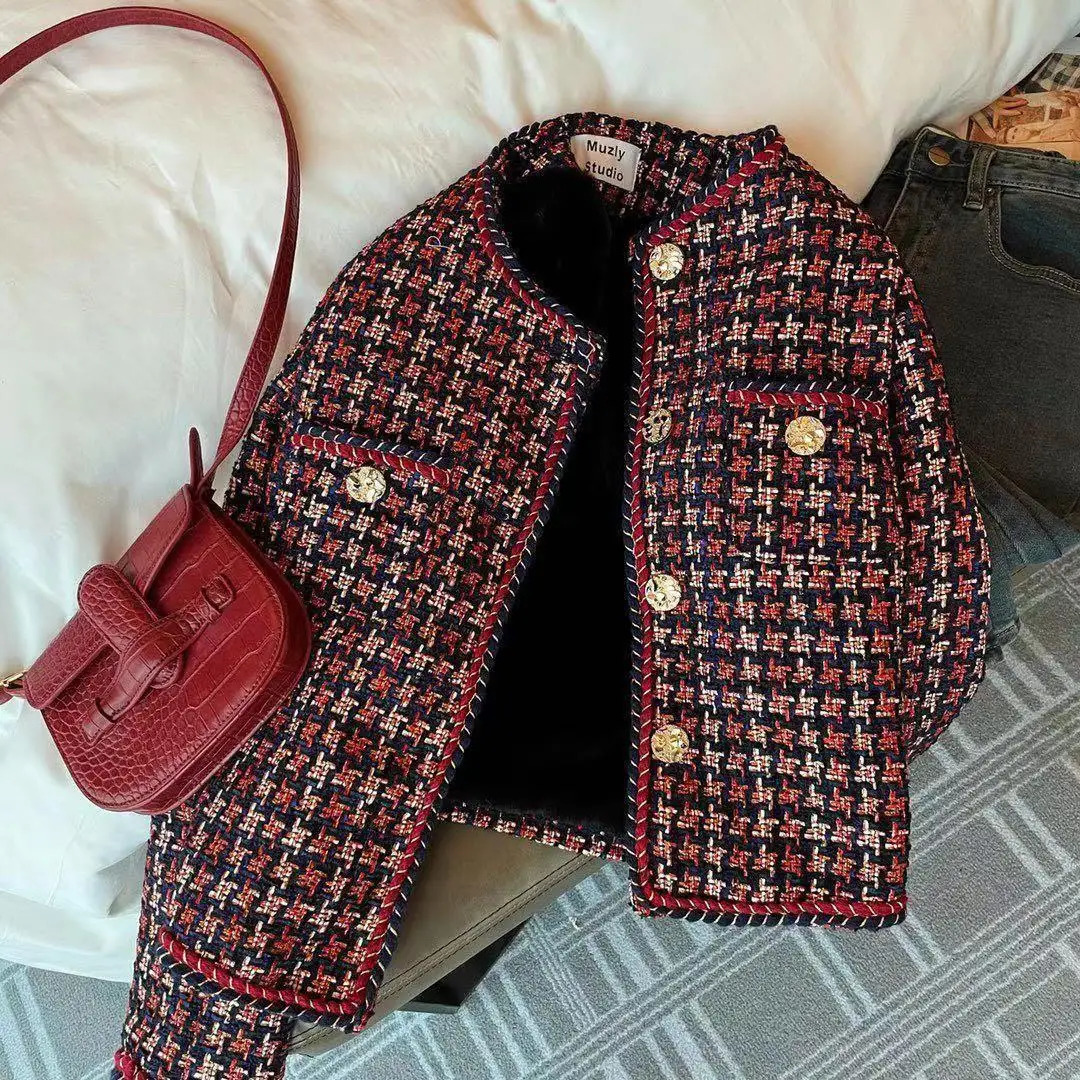 Womens Elegant Open Front Round Neck Fringed Plaid Tweed Jacket Coat Fashion Plaid Short Tops Outerwear 240704
