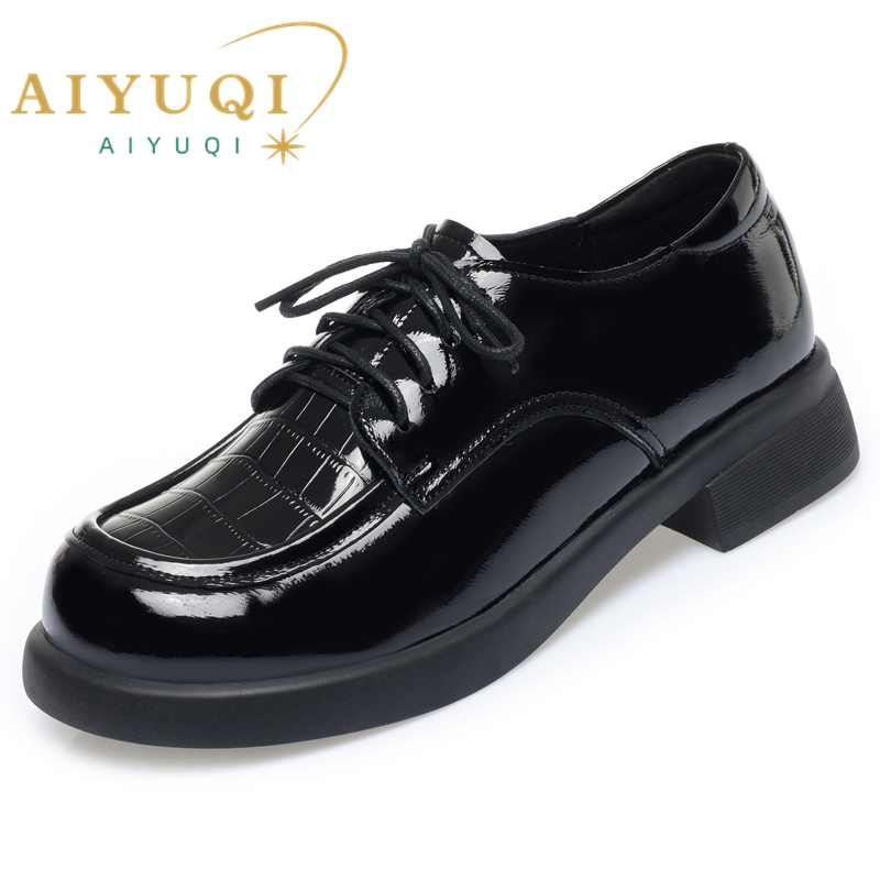 AIYUQI Women Loafers Non-slip 2024 Genuine Leather Thick Heel Casual Women Shoes Round Toe British Lace-up Shoes For Ladies