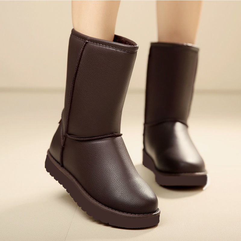 Leather Mid-calf Boots Fluffy Non-slip Waterproof Platform Boots for Women Shoes 2023 Winter Shoes Keep Warm Snow Boots Female
