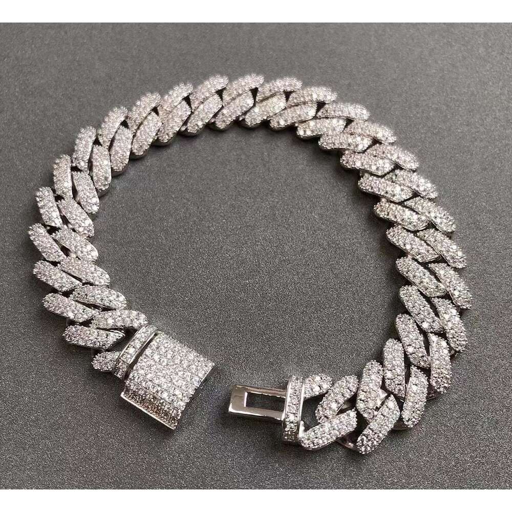 Aaa Gems 14mm Iced Out Moissanite Diamond Hip Hop Chains 925 Silver/18k Gold Prong Setting Miami Cuban Chain Bracelet for Mens