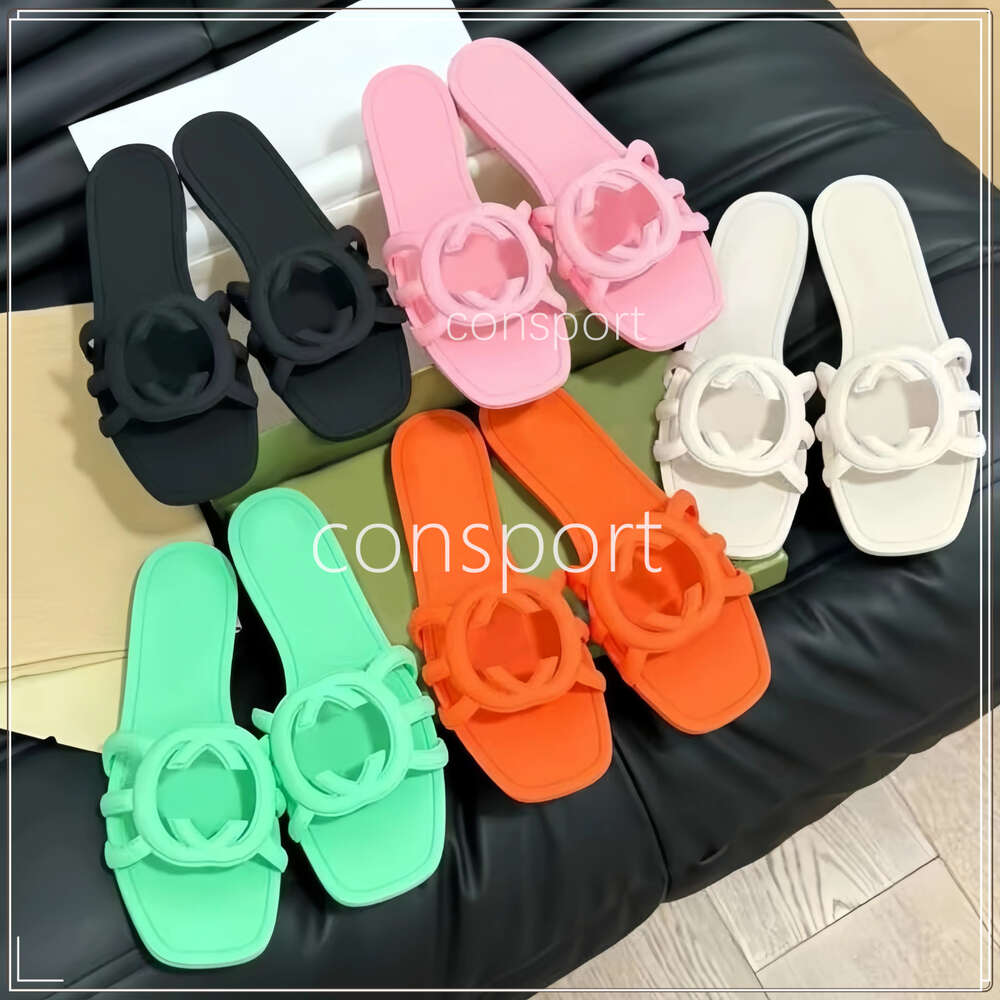 Designers slippers Womens Sandals Interlocking Slides Rubber Slippers Ladies Flat Beach Jelly Script Orange Summer Fall Mules Outdoor Waterproof