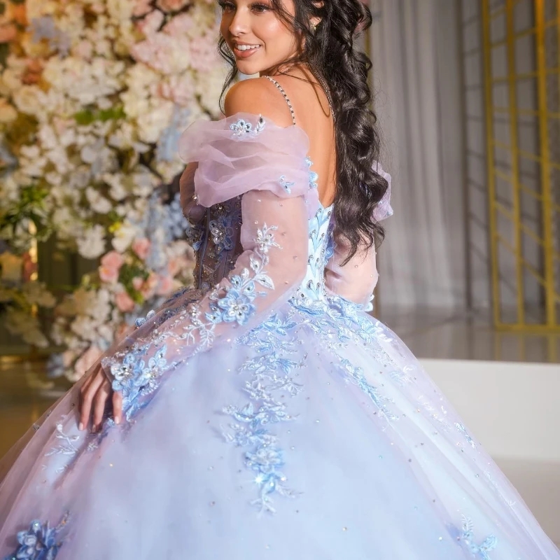 Sky Blue Princess Quinceanera Dresses Gillter Applique Lace Beads Tull Off Shoulder Long Sleeved Corset Lace-up Prom vestifos de