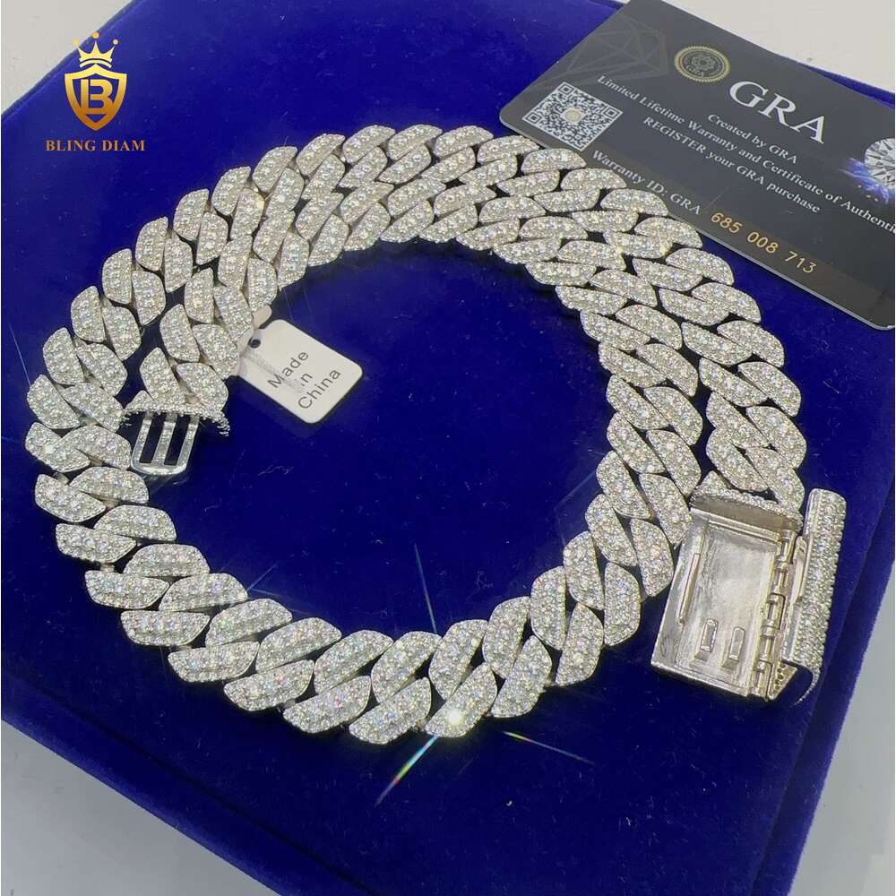 High Quality Custom Hip Hop Jewelry 15mm Iced Out Heavy Cuban Link Chain Vvs Moissanite 925 Sterling Silver Hiphop