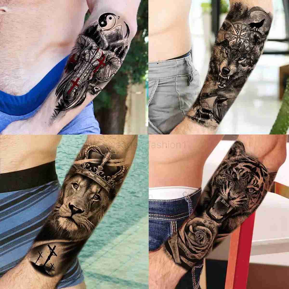 63 Sheets Tribal Wolf Lion Tiger Temporary Tattoos For Men Women Thigh Arm Fake Tattoo Sticker 3D Skull Gangster Tatoos BlackB240711