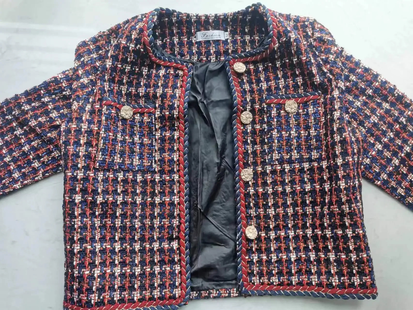 Womens Elegant Open Front Round Neck Fringed Plaid Tweed Jacket Coat Fashion Plaid Short Tops Outerwear 240704