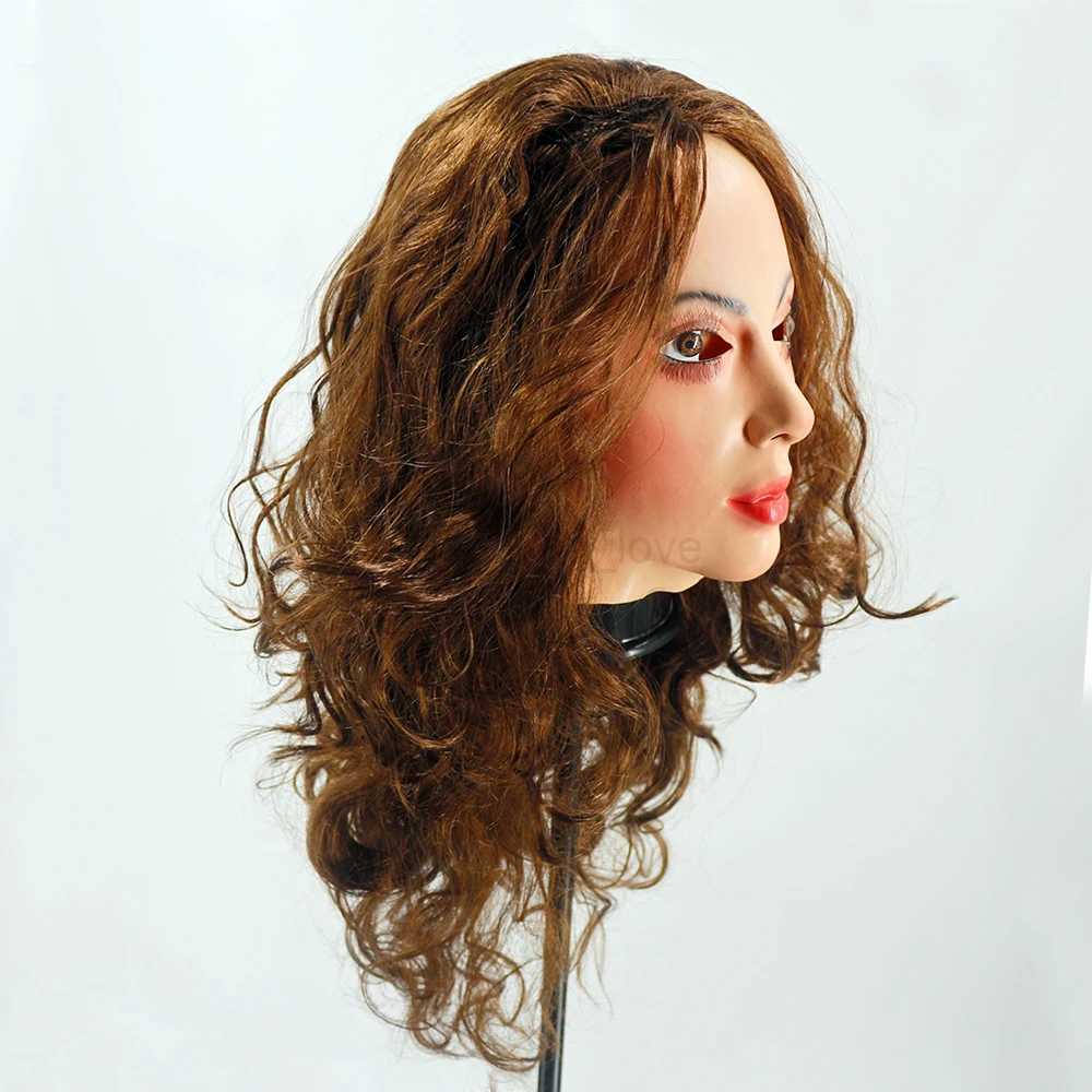 Realistic Female Latex Mask Woman Face Halloween Latex Mask with Wig Lady Crossdressing Sissy Transgender CostumeM240711