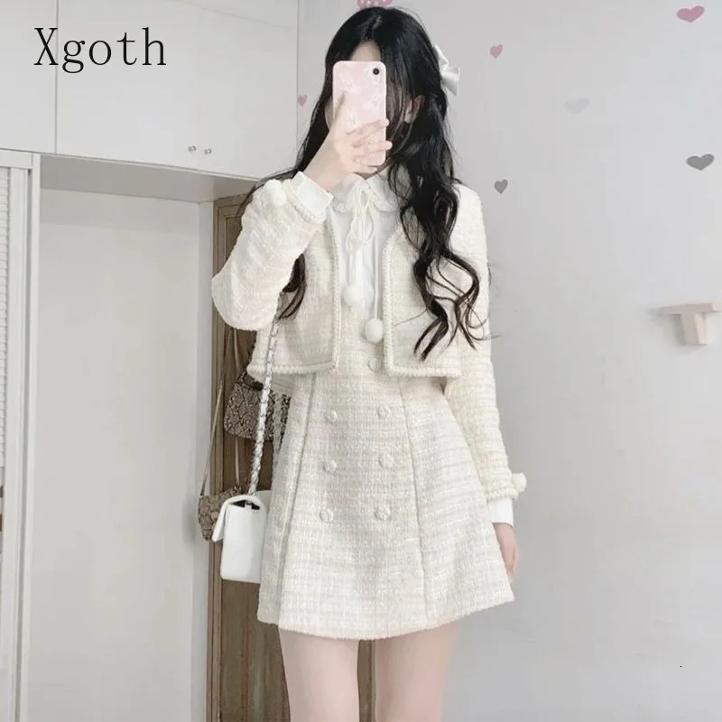 Ladies Dresses Set V-Neck Tweed CoatWaist Retraction White Shirt Spliced Dress Elegant Sweet Commuting Two-Piece Women Clothing 240708