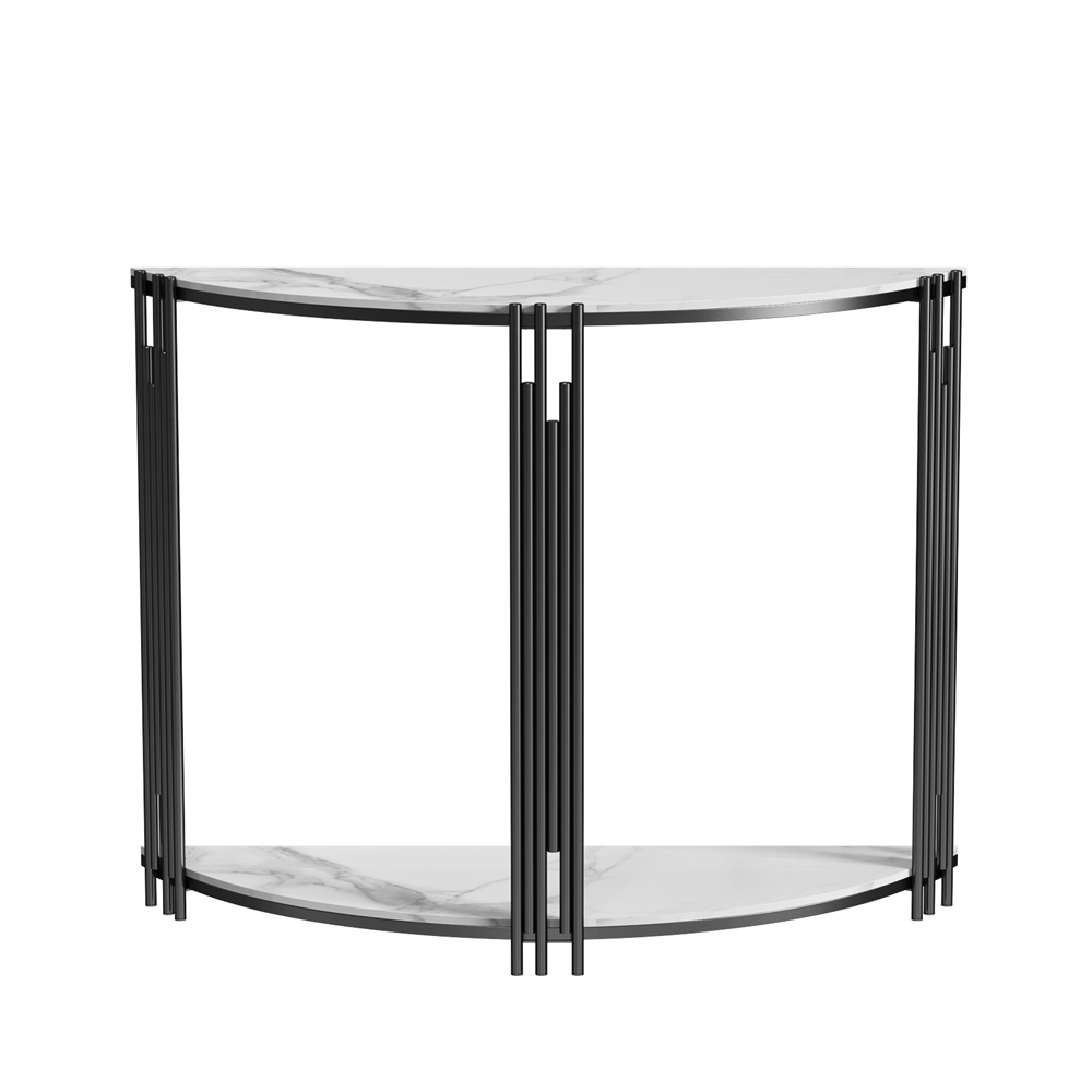 FATIVO Half Moon Console Table with Storage Shelf White Sintered Stone Table and Black Metal for Entryway,Living Room, Hotel, Porch