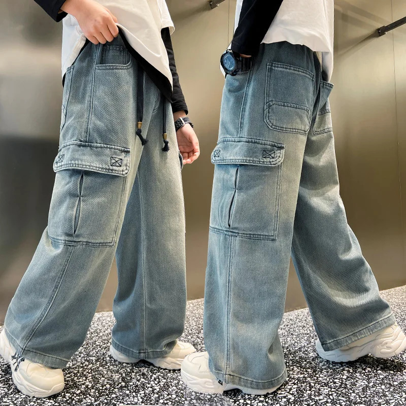 Teen Boys Straight Leg Cargo Jeans Spring/Autumn Kids Wide Leg Denim Long Pants for Children Loose Pockets Trousers 5 14 Yrs 240705