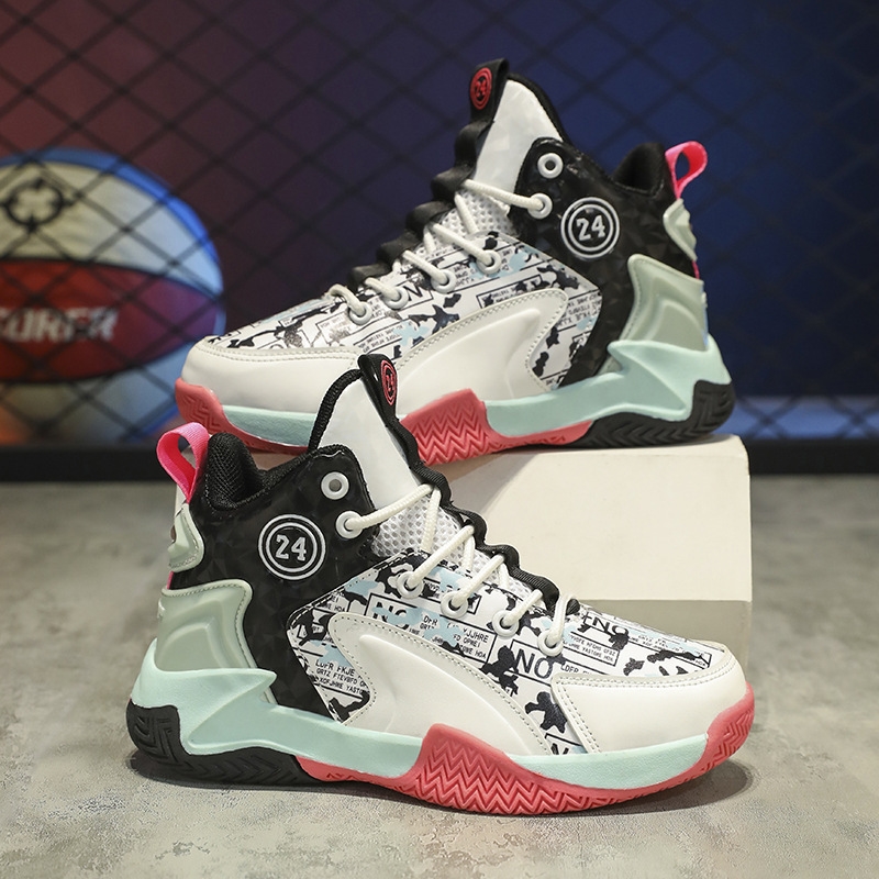 Boys' Basketball Shoes 2024: Kids' Sports Sneakers, Breathable Cotton, Blue/White