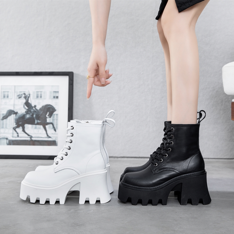 Women Booties High Heel Large Size Square Head Genuine Leather Women Ankle Boots Platform British Style Fur Winter Boots Women
