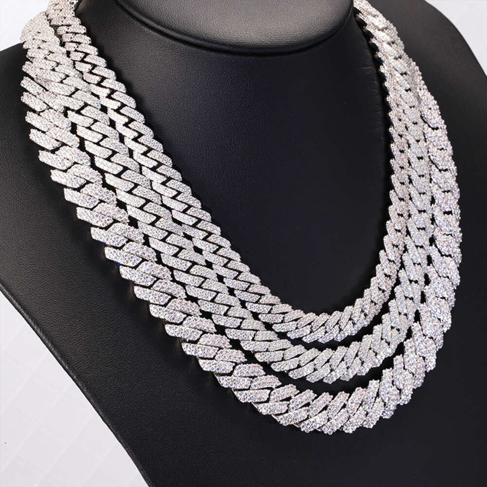 Fashion Cuban Chain Necklace 2rows 8mm 10mm 12mm 14mm 925 Solid Silver Moissanite Diamond Cuban Link Chain Hip Hop Necklace