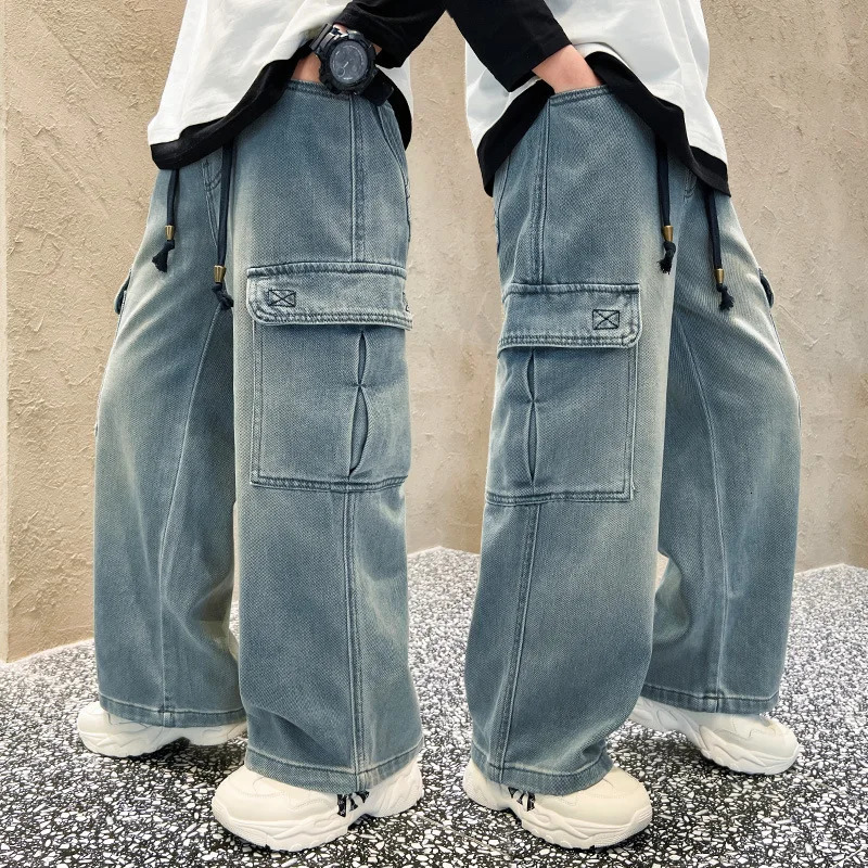 Teen Boys Straight Leg Cargo Jeans Spring/Autumn Kids Wide Leg Denim Long Pants for Children Loose Pockets Trousers 5 14 Yrs 240705