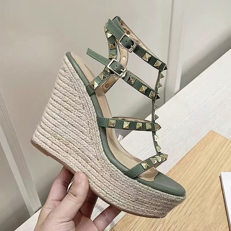Summer wedge ! Luxury brands Girls sandal ankle strap wedge calfskin leather Caged Wedges espadrille black nude brown High Heels genuine leather High heel With Boxes