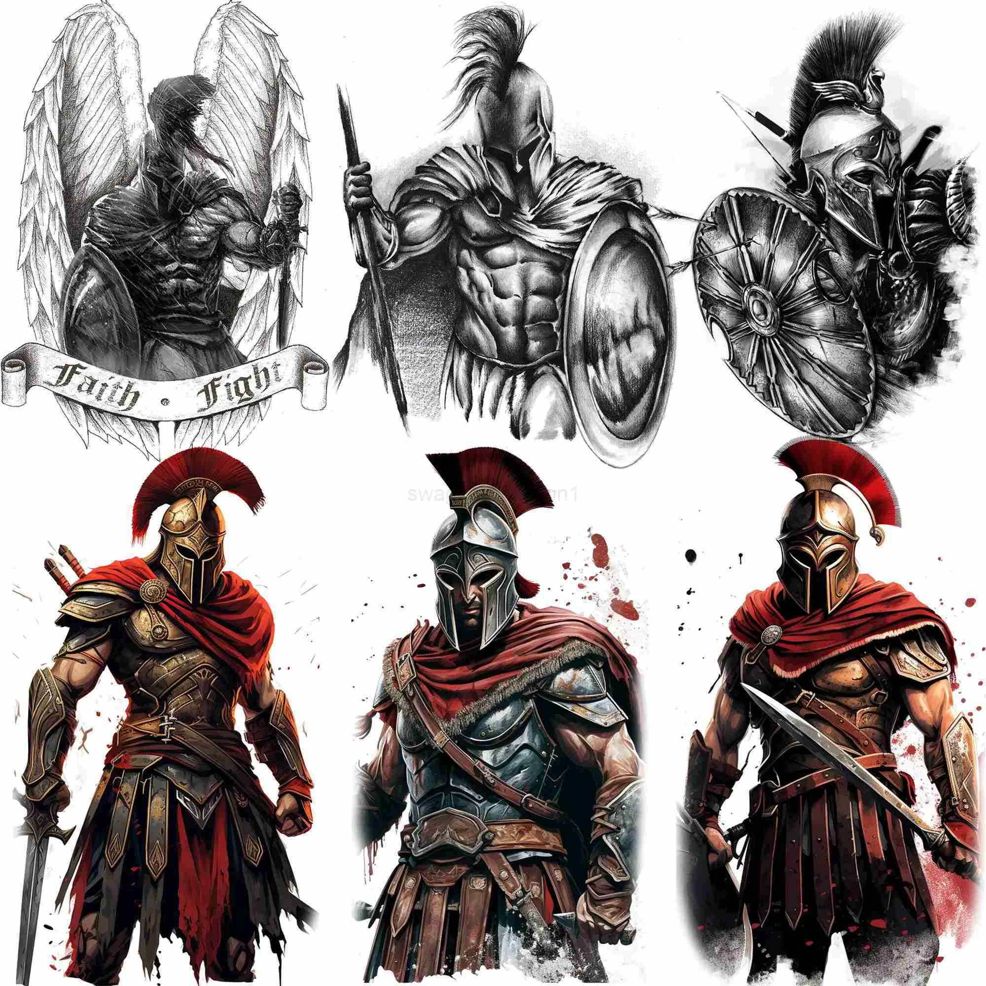 6 Sheets Cool Large Arm Sleeve Spartan Warrior Temporary Tattoos For Men Women Adults Ancient Roman Knight Fake Tattoo StickersB240713