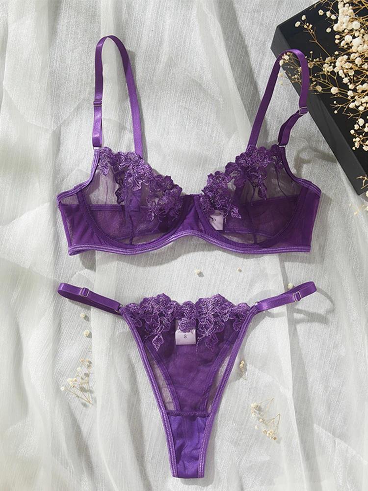 Sexy Set Bras Sets Sexy Lingeries Purple Tulle See Through Lingerie French Intimate Female Underwear Romantic Set Steel Ring Bra And Panty z241025