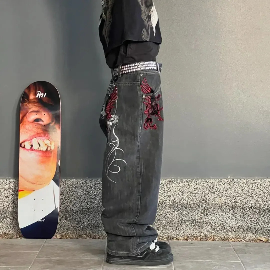 Streetwear Wide Leg Jeans Men Y2K Harajuku Baggy Jeans Embroidery Pattern Hip Hop Vintage Denim Pants Straight Casual Trousers 240704