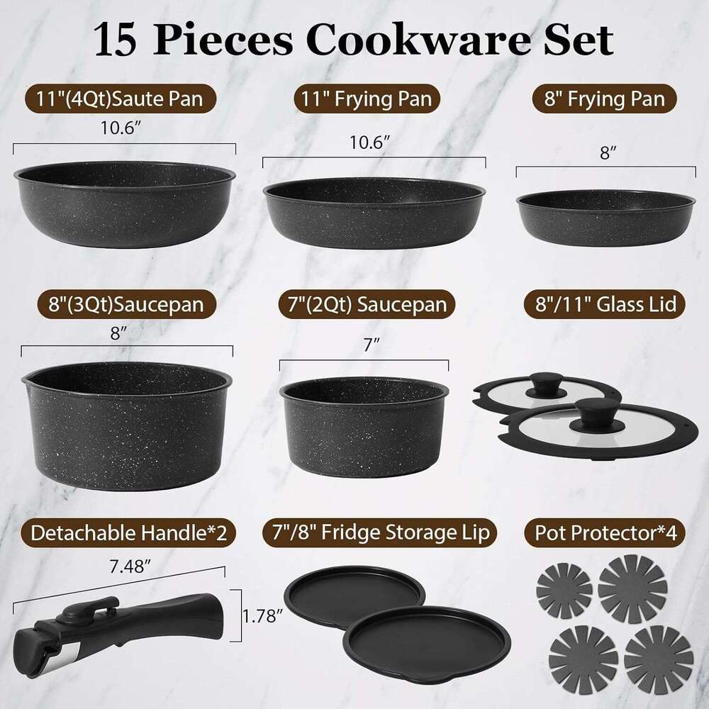 15 Pcs Pots and Pans Set Stick, Kitchen Cookware Sets with Detachable Handle, Non Stick Induction, stainless steel