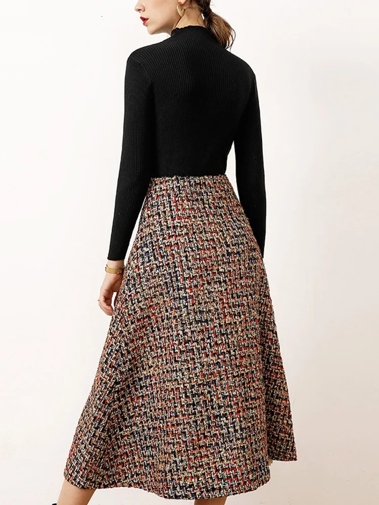 Womens Fashion Autumn Winter 2 Piece Dress Set Female Party Outfits Black Sweater Top and Long Tweed Woolen Skirt Suit Twinset 240708