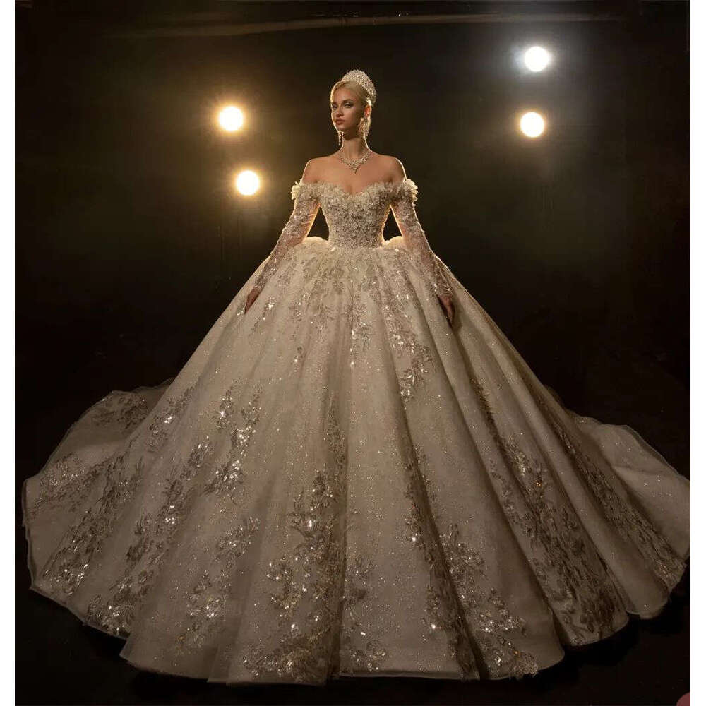 Sparkling Ball Gown Wedding Dress with Off Shoulder Design Beads and Lace Up Back Custom Bridal Wear for a Glamorous Look