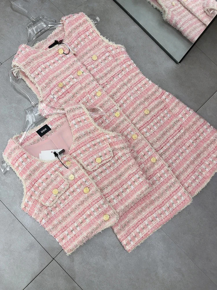 Small Fragrant Tweed Fashion Suit Sleeveless Vest Single Breasted Mini Dress Korean Two Piece Set Women Outfit 240708