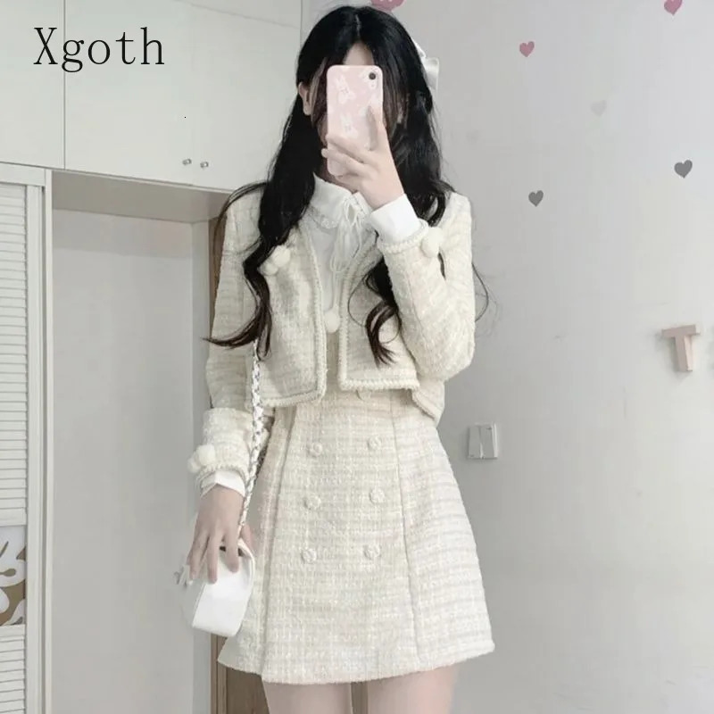 Ladies Dresses Set V-Neck Tweed CoatWaist Retraction White Shirt Spliced Dress Elegant Sweet Commuting Two-Piece Women Clothing 240708