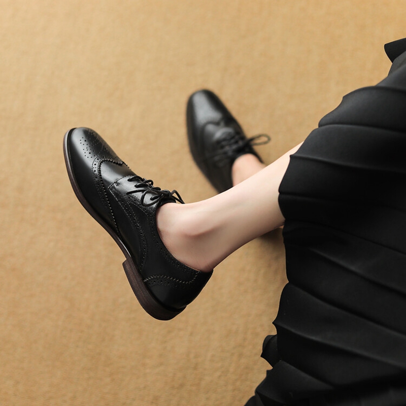 Women 2023 Oxfords Spring/Autumn Shoes for Woman Genuine Leather Brogues Retro Lace up Loafers casual Handmade Black Girls shoes e6fc