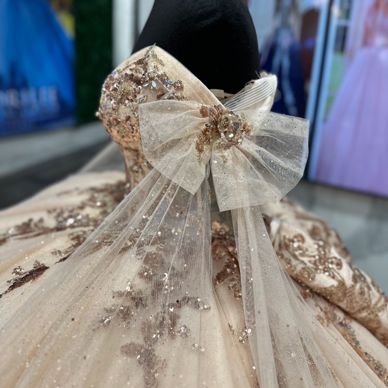 Champagne Quinceanera Dress Ball Gown Off The Shoulder Appliques Lace Beading Tull Tassel Sweet 16 Vestidos De 15 Anos