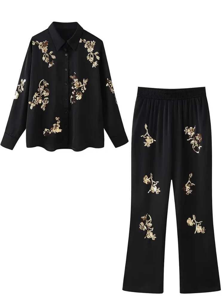 Women's Two Piece Pants Retro dyed embroidered sequins womens two-piece set with unique lapels long sleeved shirts loose pants summer womens clot
