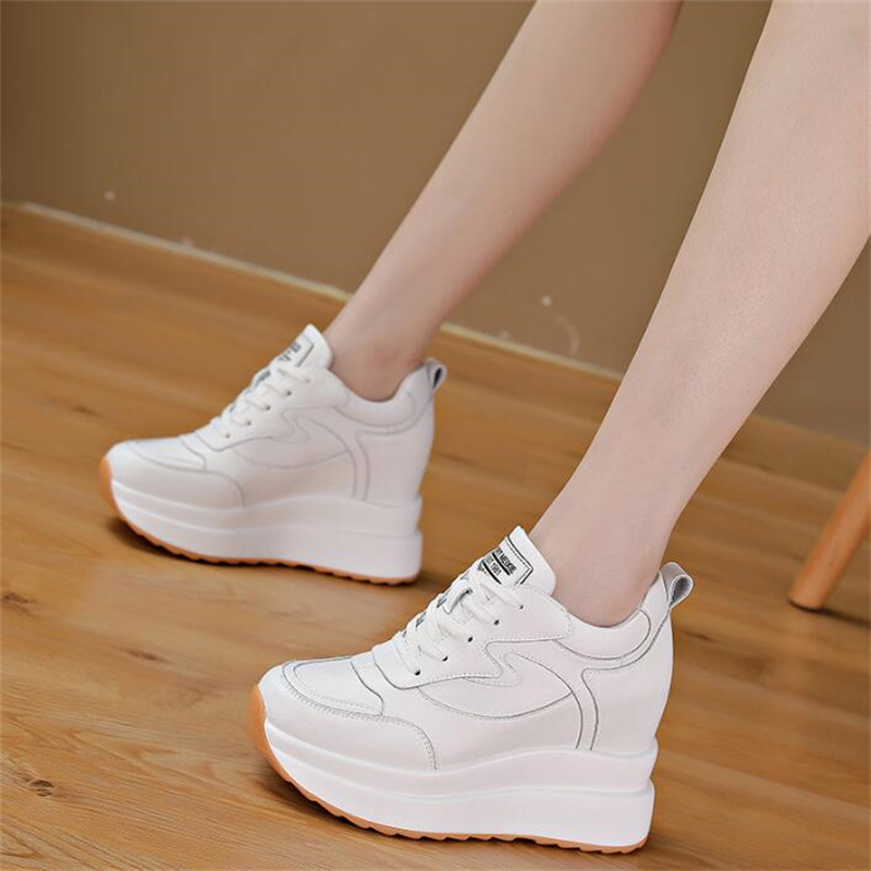 Women Platform Trainers Genuine Leather Autumn Winter Sneakers 10CM Heels Wedges Shoes Breathable Height Increased Sneaker Woman