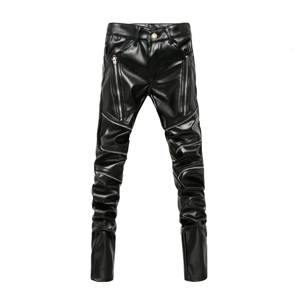 Winter Men Skinny Biker Pu Leather Pants High Street Fashion Motorcycle Trousers for Male Stage Club Wear 240701