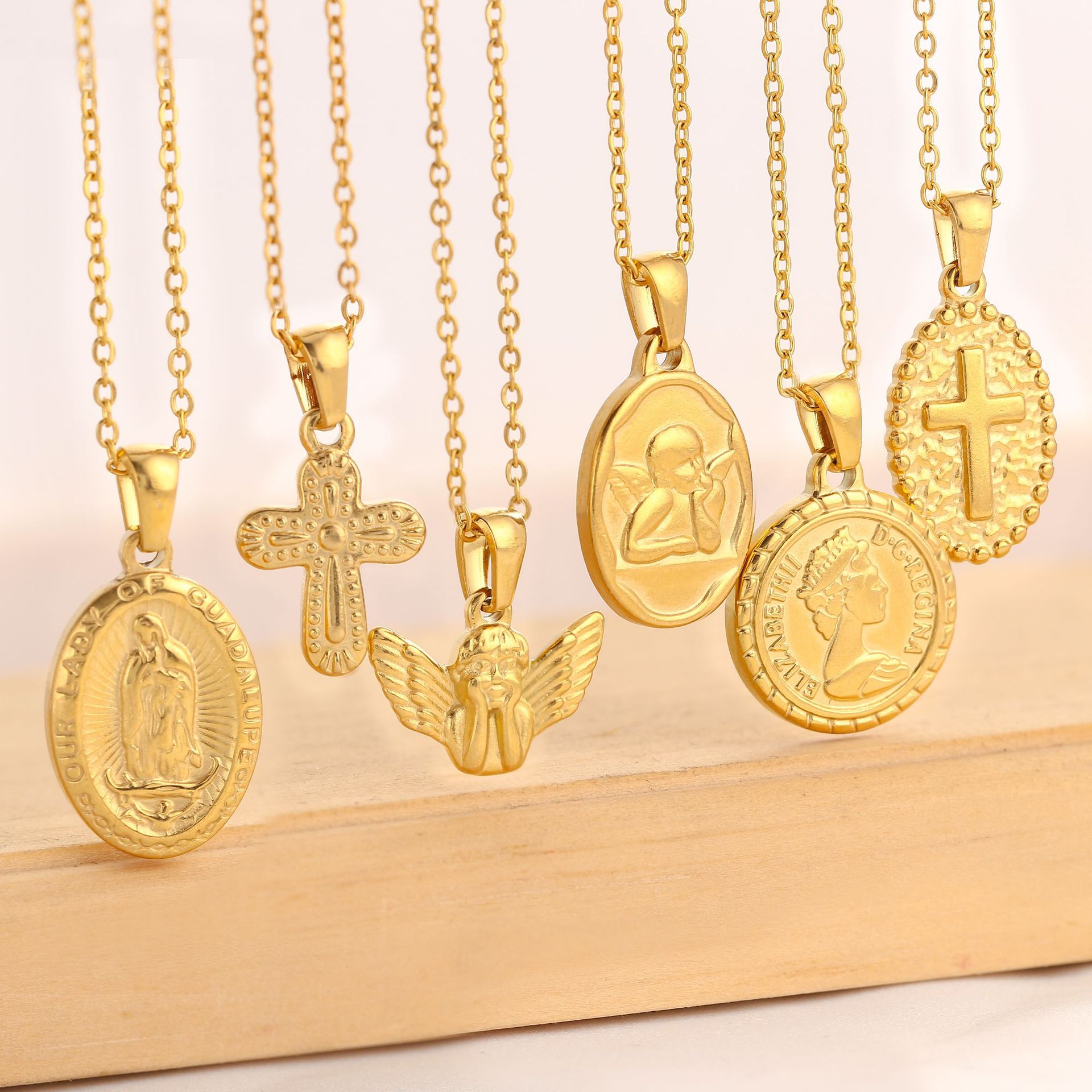 Emed Stainless Steel Gold Chain Cross Angel Madonna Pendant Necklace for Women and Men 4