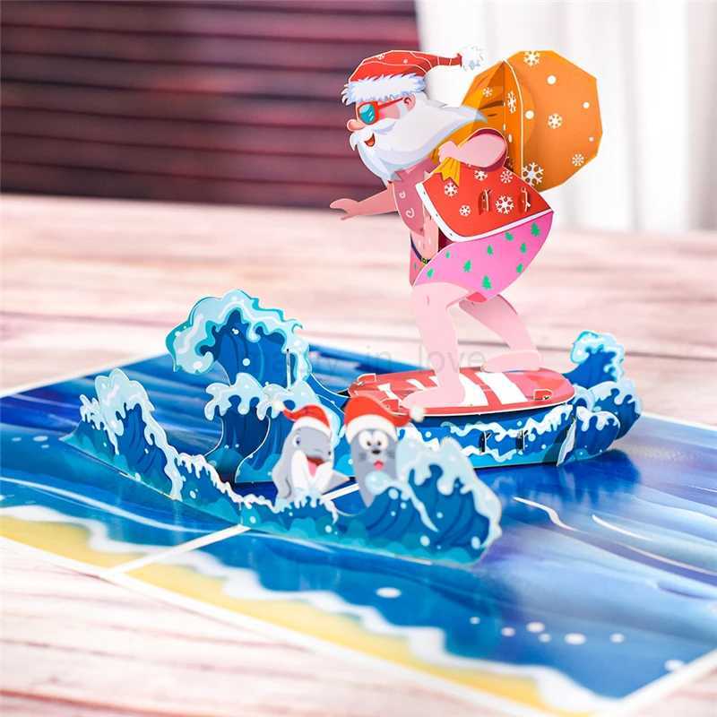 10 Pack Santa Claus Surfing Pop Up Christmas Card 3D Xmas Greeting Cards with Envelope Gift for Holiday Winter New YearM240711
