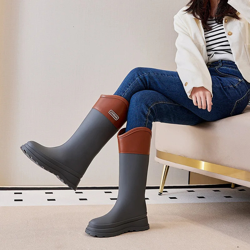 Knee Solid Soft Rainboots Shallow Rain Womens Adult Galoshes High Boots Four Season Water Shoes 240626